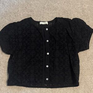 OAK + FORT Black Eyelet Button-Up Cropped Top